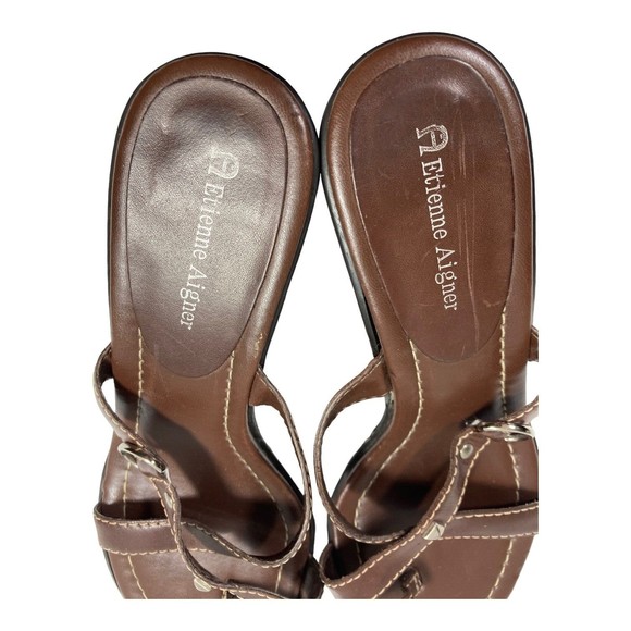 Etienne Aigner Sandals 8M Brown Leather Slip On Toe Thong Sandals - Picture 6 of 8